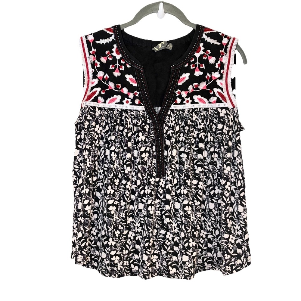 Anthropologie One September Floral Embroidered Tank Top Women Size S Fringe Boho